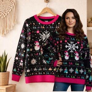🛍️ No Boundaries Black Pink Snowman Snowflake Holiday pull over Sweater X-Large